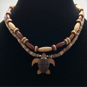 2 Wood Beaded Boho Short Necklaces, Turtle, Terrapin